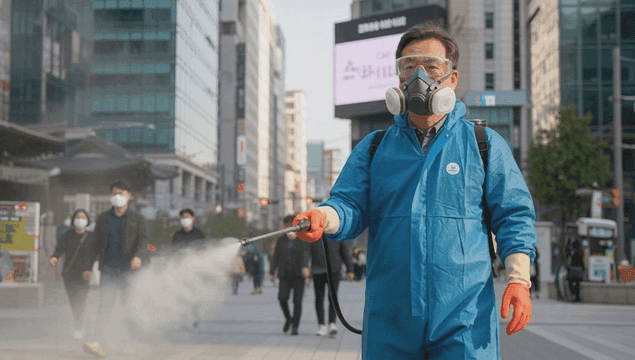 도시 거리에서 소독 작업 중인 작업자