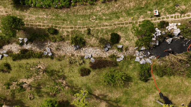 다양한 나무들과 작은 인공 연못이 있는 공원