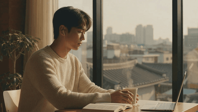 창가에서 커피를 즐기는 남자