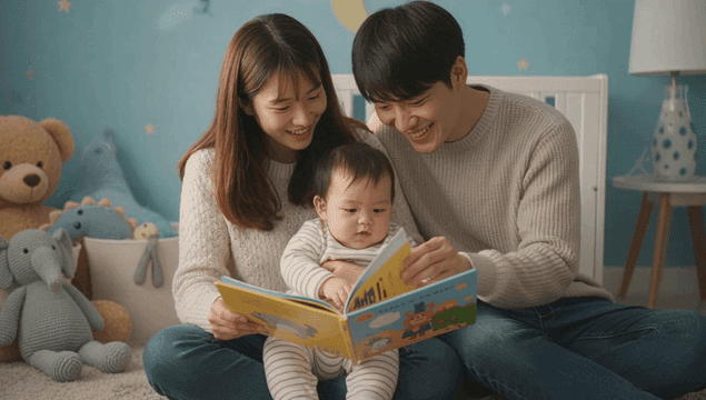 Family reading a fairy tale together in a cozy room