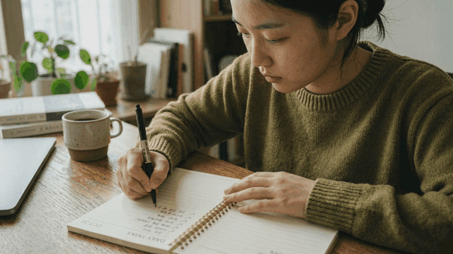 Woman writing in notebook at desk