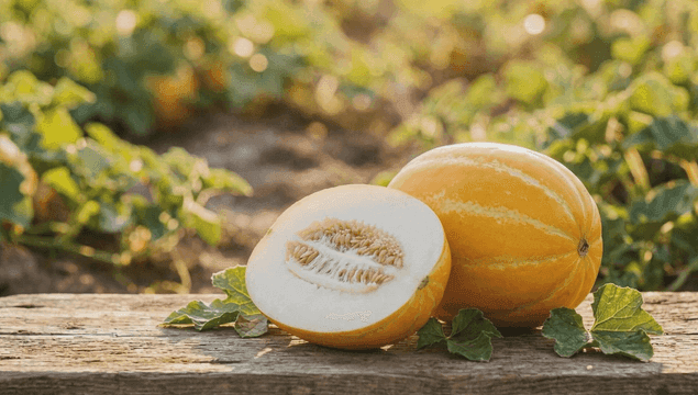 Fresh oriental melon on a wooden table in the field