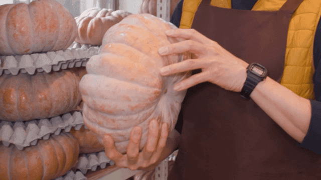 실내에서 큰 호박을 들고 있는 사람