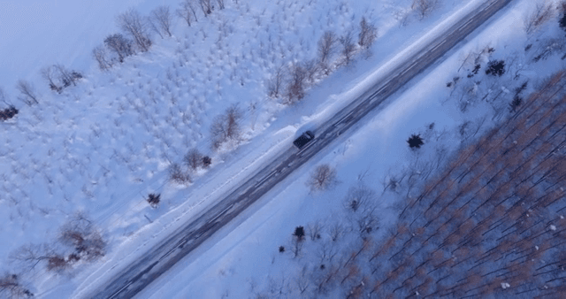 Car driving through a snowy forest road