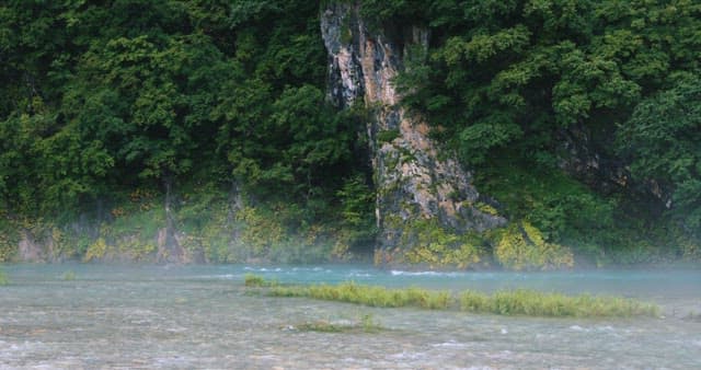 촉촉한 물안개가 흐르는 녹색 절벽 옆 강