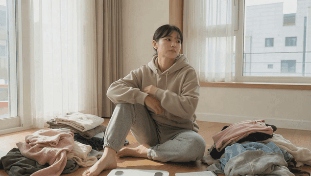Young woman sitting on floor with clothes and scale