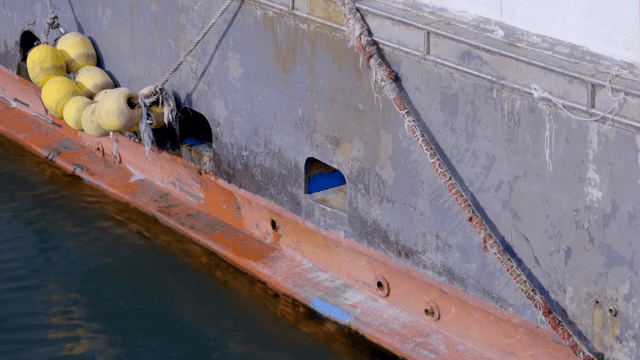 Side of a weathered ship with buoys