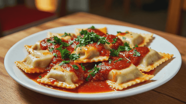 Plate of ravioli with tomato sauce