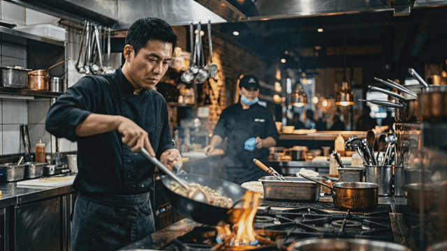 Chef cooking with flames in a busy kitchen