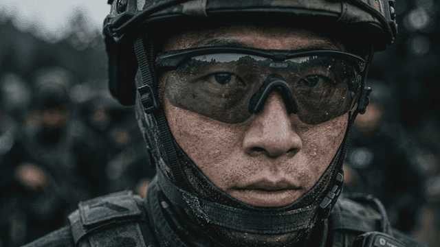 Soldier wearing tactical gear with focused expression.