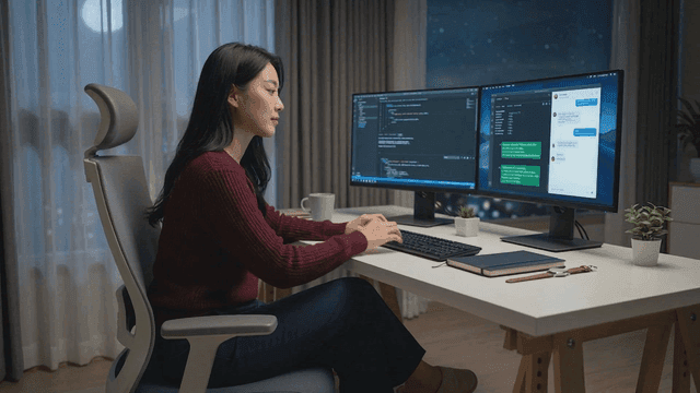 Woman coding vibrators on computer at night