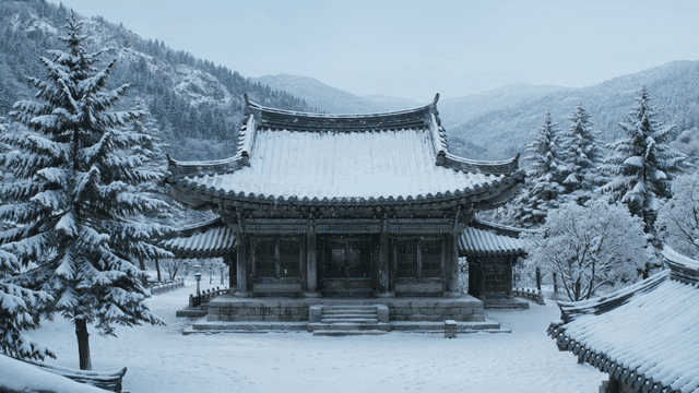 A traditional Korean temple covered in snow