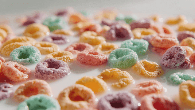 Colorful cereal floating in milk