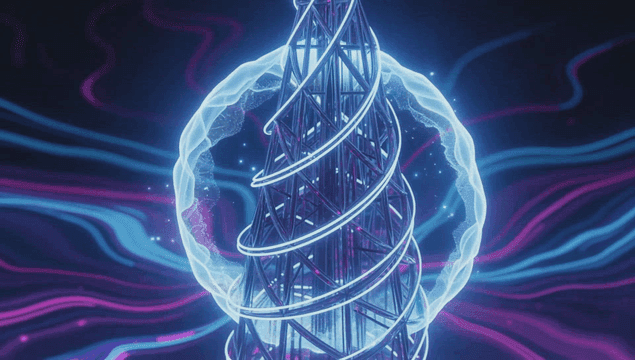 Futuristic spiral structure with neon lights