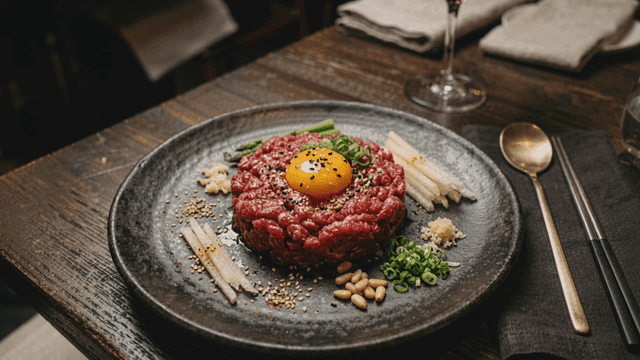 Fresh raw beef topped with egg yolk
