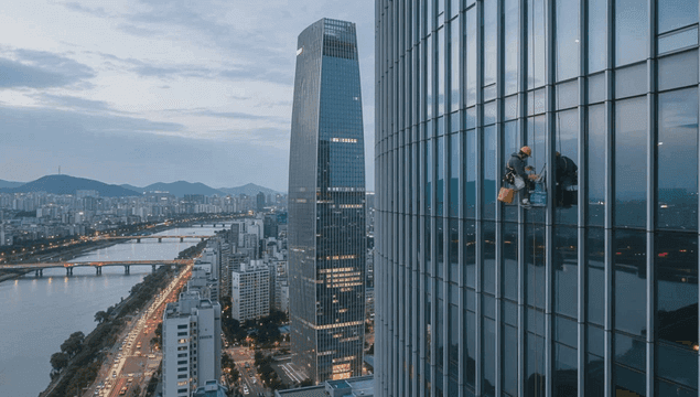 Window cleaner working on a skyscraper