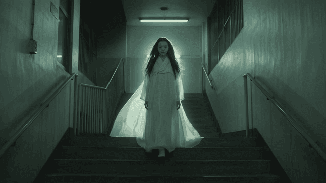 Maiden ghost in Hanbok standing on stairs