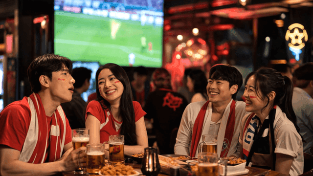 Friends celebrating at a sports bar