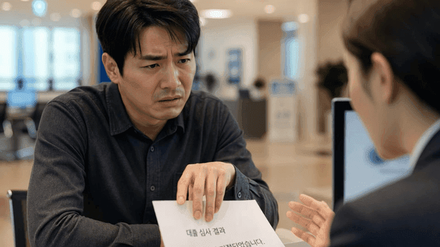 은행에서 대출 거절 통지 받는 남성