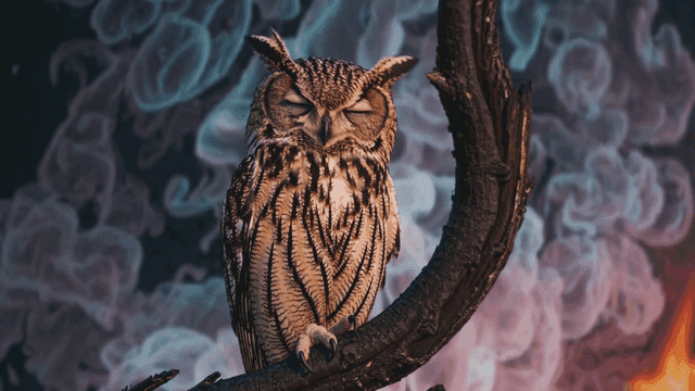 An owl perched on a branch with smoke