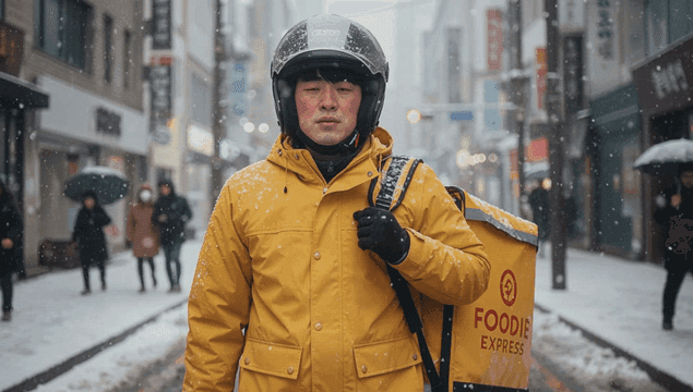 Deliveryman shivering on snowy city street