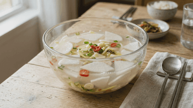 Bowl of refreshing dongchimi on table