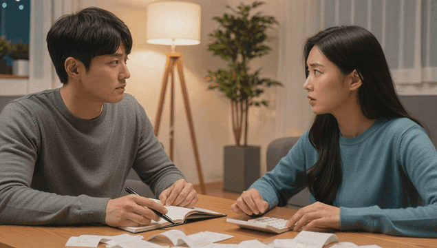 거실에서 재정 문제를 논의하는 젊은 부부