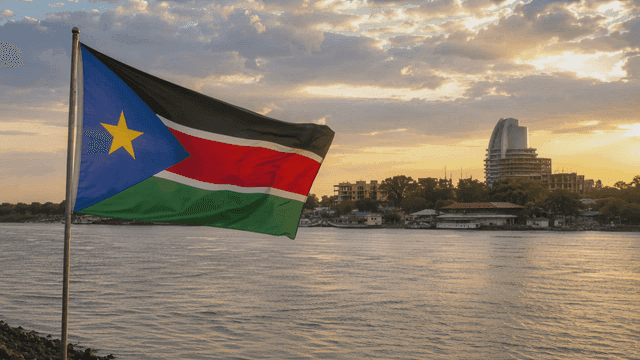 South Sudanese flag fluttering at sunset by river