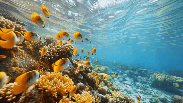산호초 주변을 헤엄치는 노란 줄무늬 물고기들