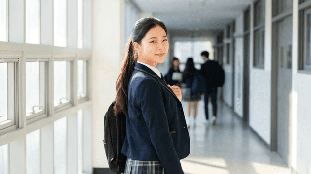 밝은 학교 복도를 걷다 뒤를 보고 미소 짓는 여학생