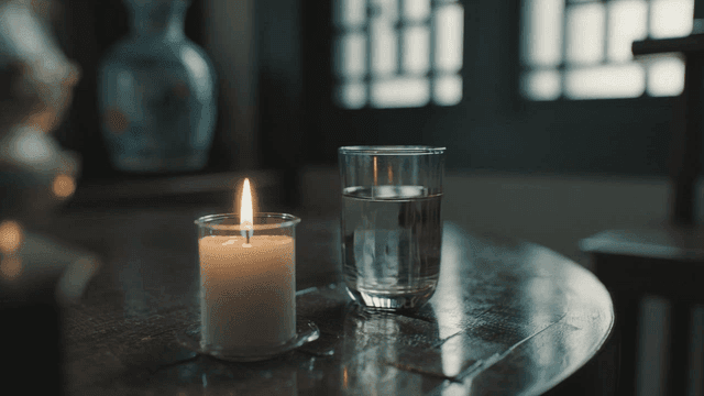 테이블 위의 촛불과 물잔