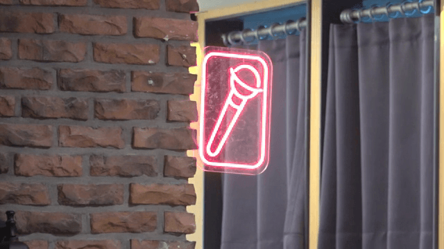 Neon microphone sign on a brick wall