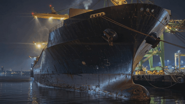 Large cargo ship docked at night