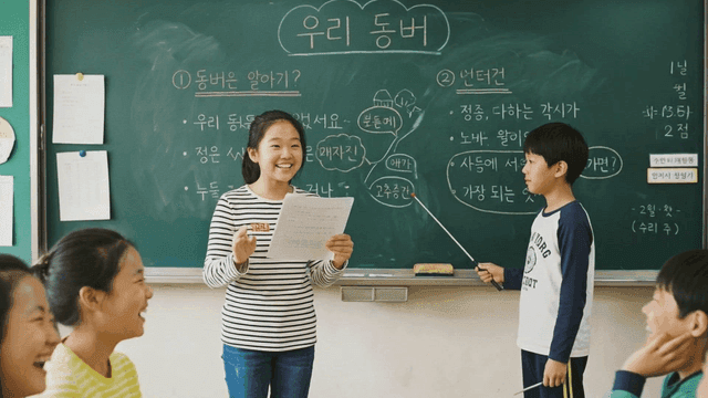 Elementary school students giving presentations in classroom