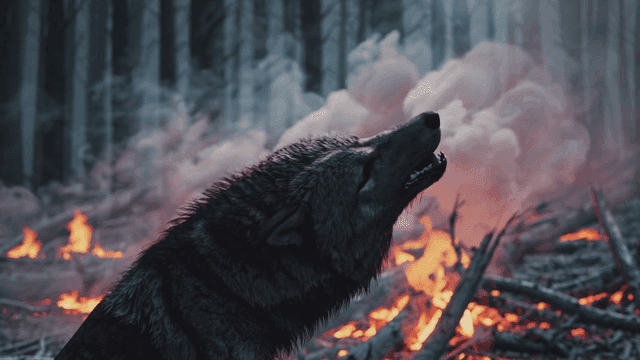 A wolf howling in a burning forest
