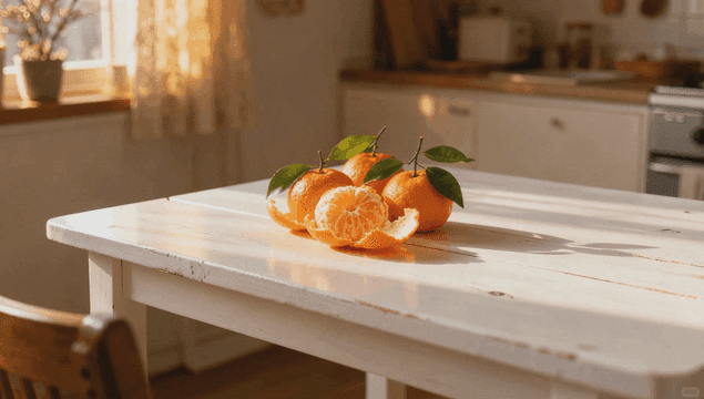 햇살이 비치는 주방 테이블 위의 신선한 귤