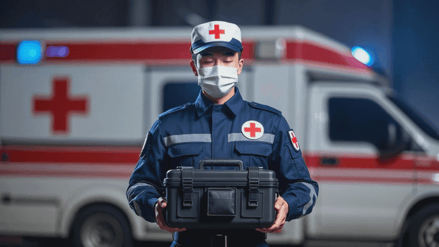 Paramedic standing in front of an ambulance