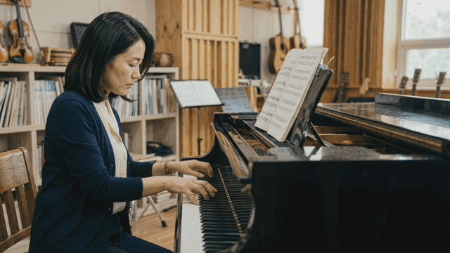 Woman playing piano in music room