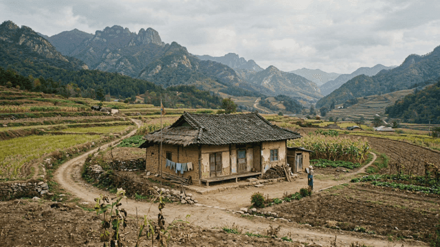 Rural North Korean farmhouse surrounded by fields