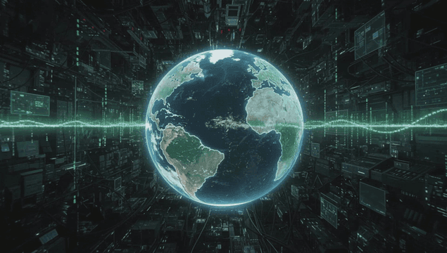 데이터 스트림으로 둘러싸인 디지털 지구