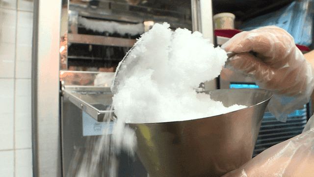Bingsu prepared in a metal bowl