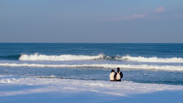 Couple gazing at the ocean on a snowy beach