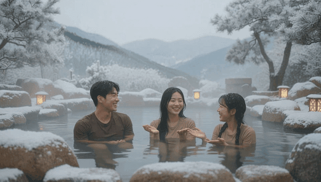 친구들과 즐기는 눈 덮인 온천