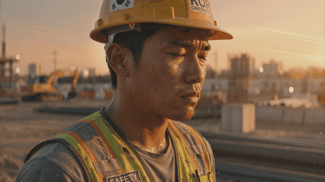 Sweating construction workers at sunset