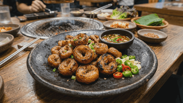 Grilled pork intestines cooked on grill