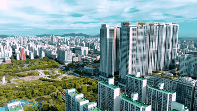 A sprawling cityscape with tall buildings