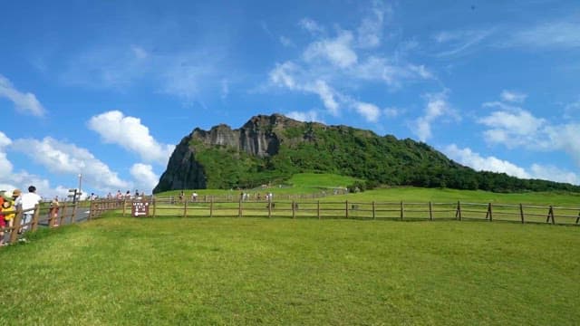 장엄한 산이 있는 경치 좋은 광활한 들판