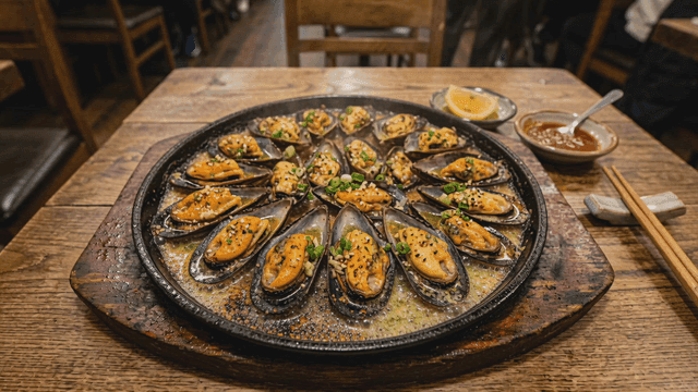 Butter-grilled mussels on hot iron plate