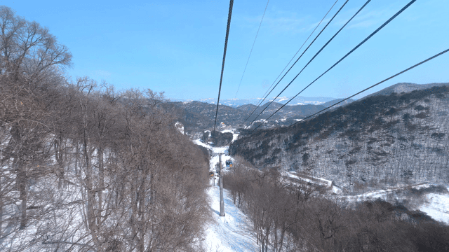 Cable car ride over snowy mountains