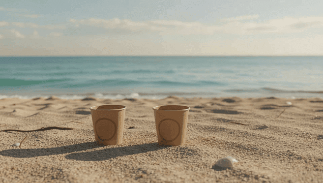 모래사장 위 두 개의 종이컵